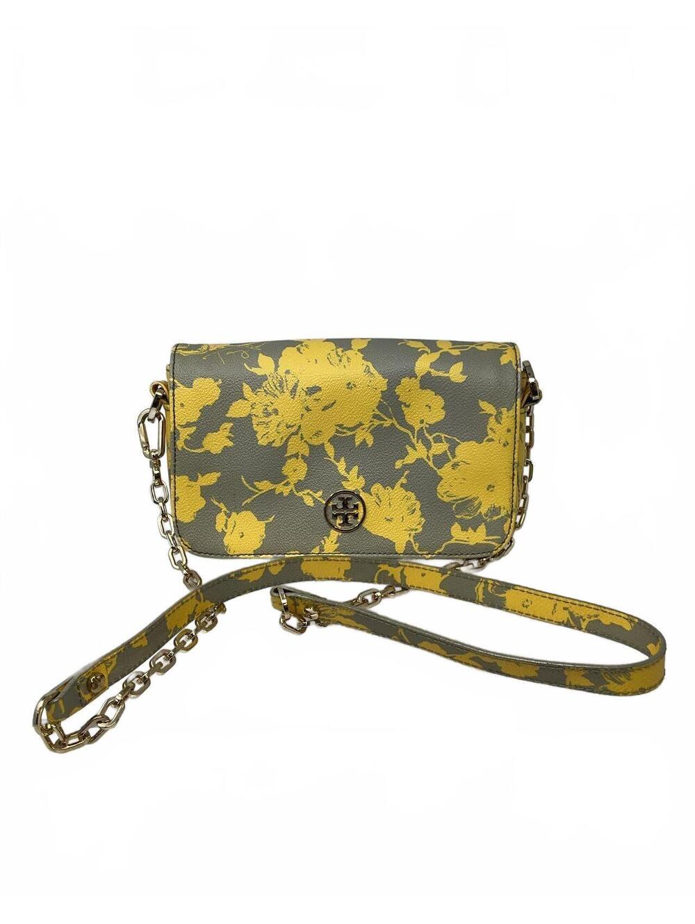 Tory Burch Floral Print Canvas Crossbody Bag Gray Yellow Shoulder Purse